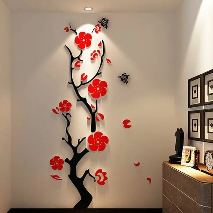 Примеры декора на стену Alicemall Red Wall Sticker Stunning Red Plum Flower 3D Wall Art Stickers Chinese