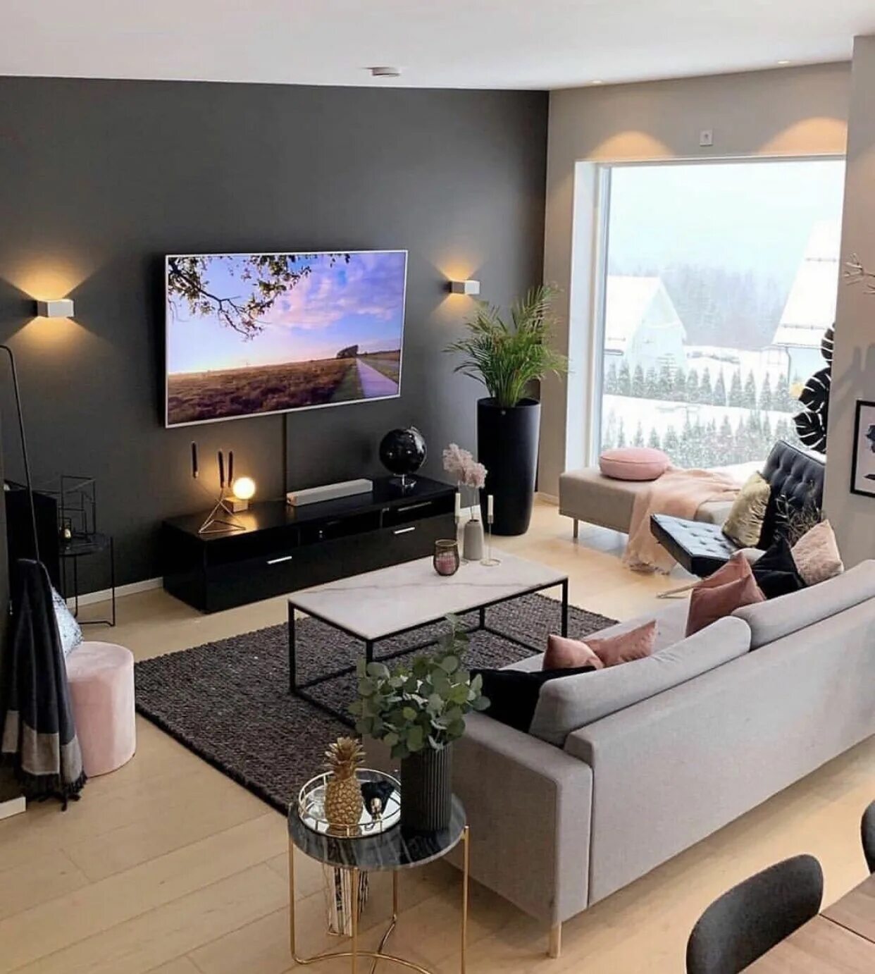 Примеры дизайна гостиной комнаты black , grey and pink living room Modern living room inspiration, Simple living 