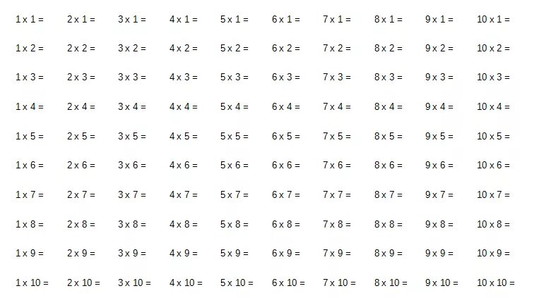 Примеры дома без ответов Распечатать Таблица умножения
