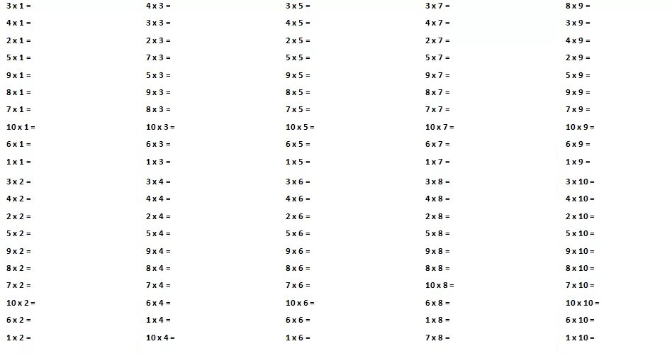 Примеры дома без ответов Распечатать Таблица умножения