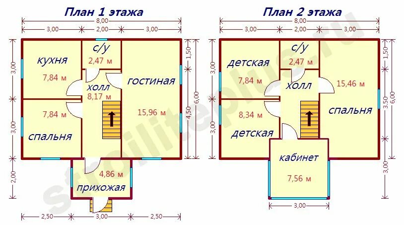 Примеры домов 6 на 8 Дом 6х8 из бруса с двухэтажным эркером, строительство дома 6 на 8 из бруса проек