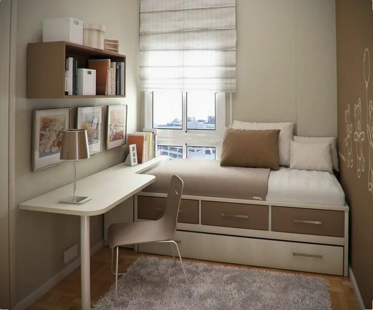 Примеры интерьеров маленьких комнат Einzelbett mit Bettkasten und Eckschreibtisch Small bedroom, Small room design, 