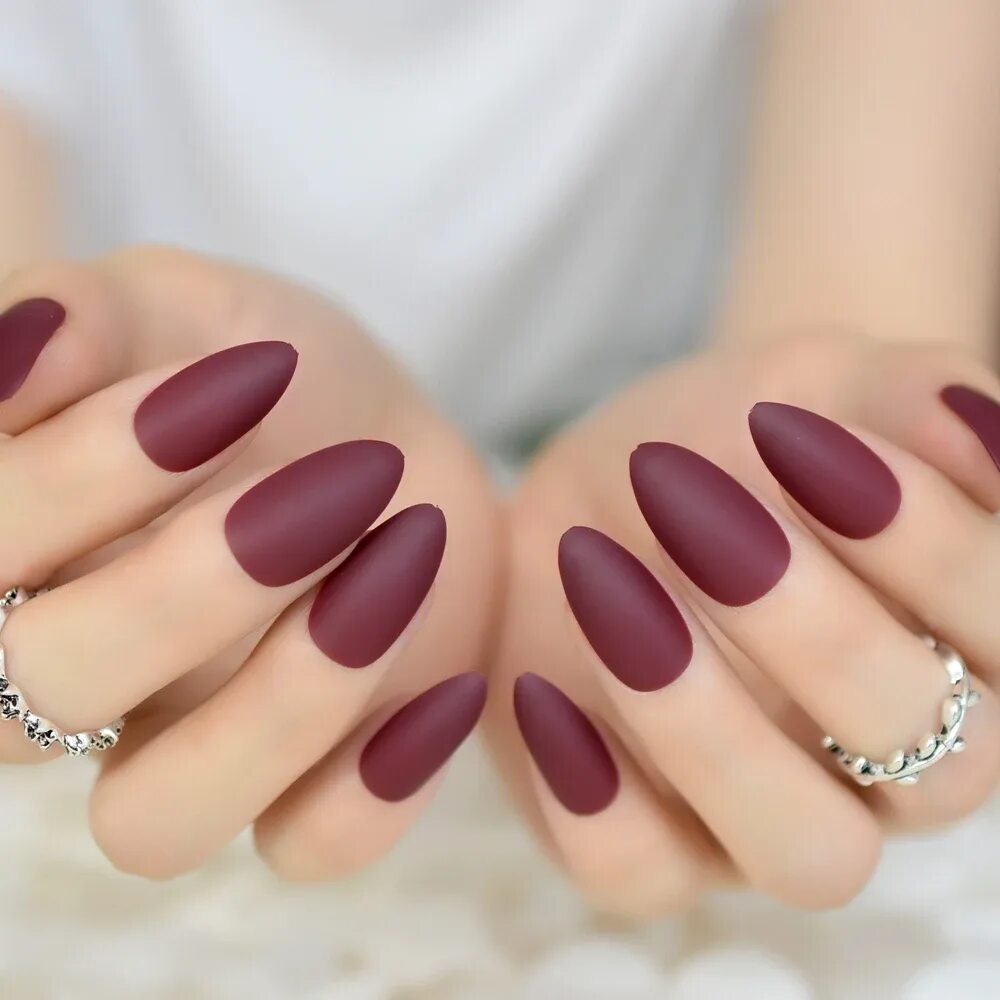 Примеры маникюра однотонные цвета Colour Matte Press On Nails Maroon Red Almond Fake Nail Tips Artificial Fingerna