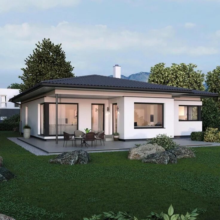 Примеры одноэтажного дома Bungalow Haus Design modern mit Walmdach Architektur & Terrasse - Einfamilienhau