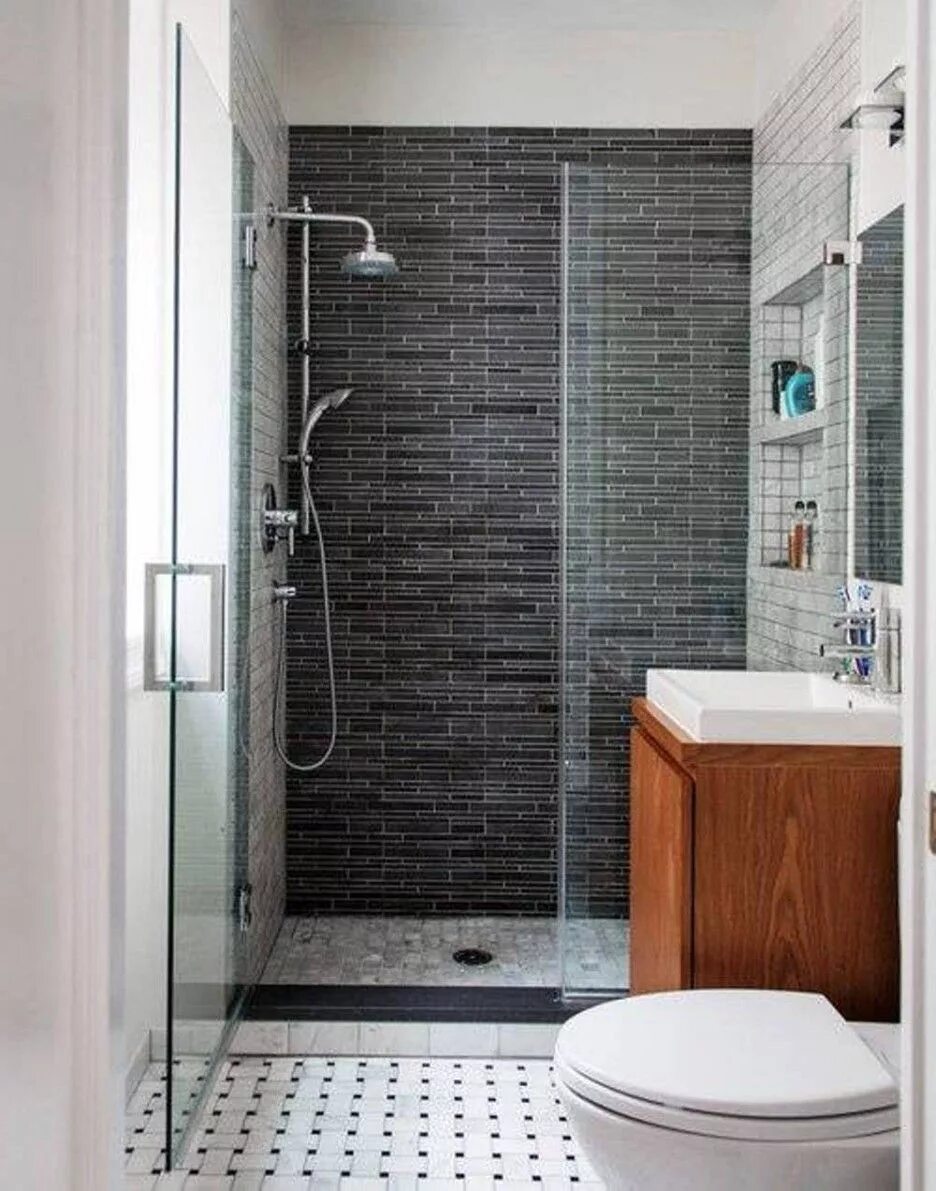 Примеры отделки душевой комнаты Great Small Bathroom Idea Feature Black Gray Shower Wall Tile And Glass Door Plu