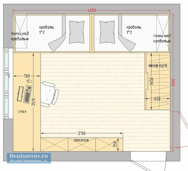 Примеры планировки детских комнат Планировка детской комнаты 12 кв.м. для мальчика и девочки Студия Дениса Серова 