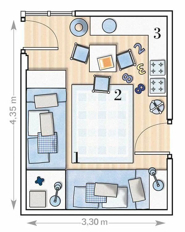 Примеры планировки детских комнат El dormitorio de dos hermanos con dos camas en L Child bedroom layout, Bedroom l