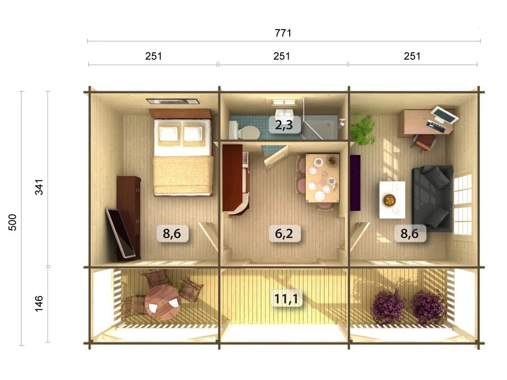 Примеры планировки дома 6 5х11 7 Ferienhaus Blockbohlenhaus Sandra 25,6+11,1 m² 44 mm naturbelassen Ferienhäuser 