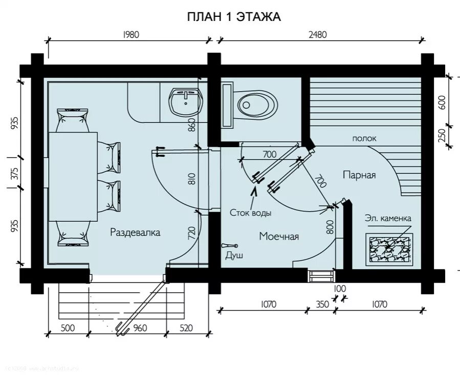 Примеры планировок бань Уник.№: K-173 Баня Дубок