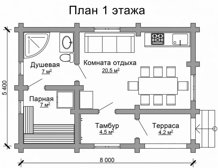 Примеры планировок бань Деревянная баня с душевой и террасой - проект "Орион" Планировки, Планы коттедже