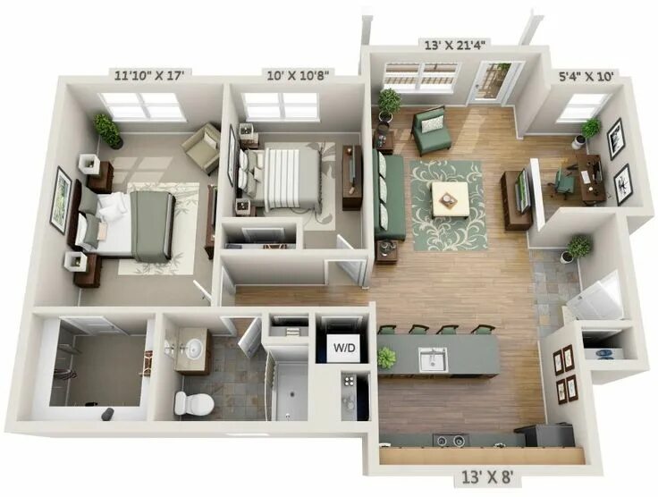 Примеры планировок частных домов Home Design Plan 10x13m With 2 Bedrooms 940 Apartment floor plans, Apartment flo