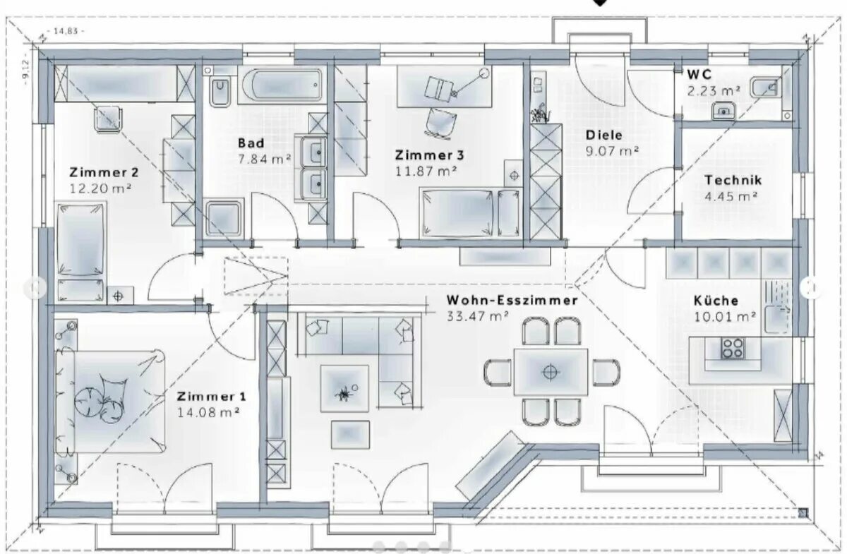 Примеры планировок одноэтажных домов Одноэтажный дом 105 m²-130 m². "VARIO-HAUS" Австрия & "Ooreka" Франция Порубежье