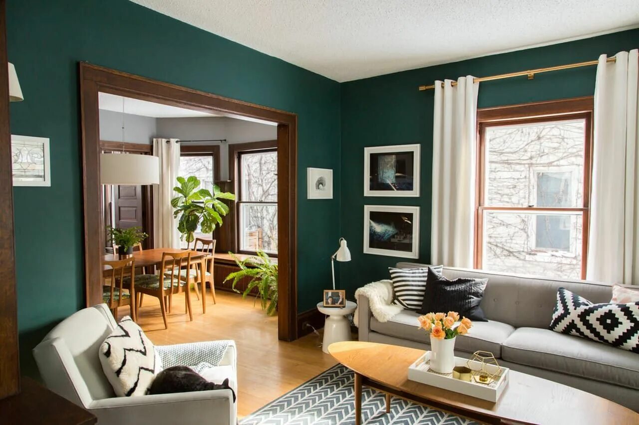 Примеры цвета стен в интерьере A 106-Year-Old Minneapolis House with Chill Scandinavian Vibes Teal living rooms