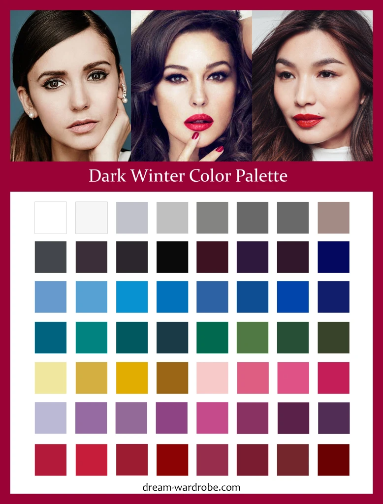 Примеры цветотипа зима фото Dark Winter Color Palette and Wardrobe Guide Dream Wardrobe Deep winter palette,