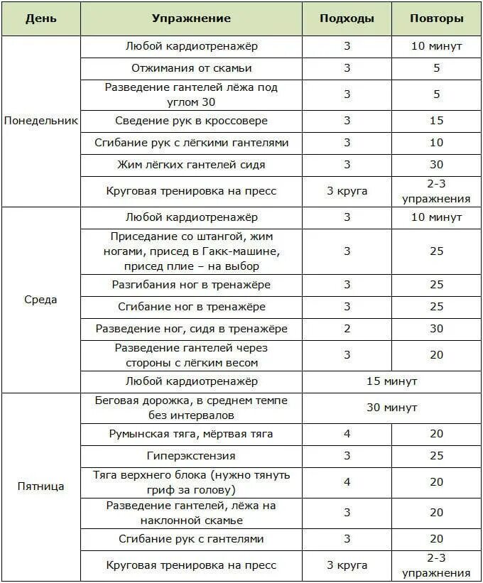 Примеры тренировок дома Женская программа тренировок в зале