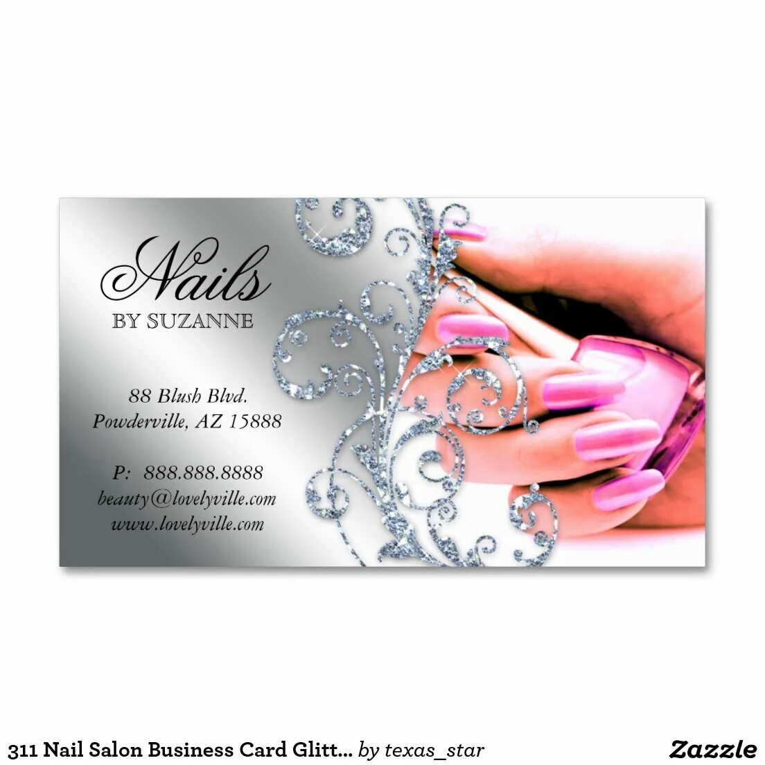 Примеры визиток мастера маникюра 311 Nail Salon Business Card Glitter Pink Silver Zazzle Nail salon business card