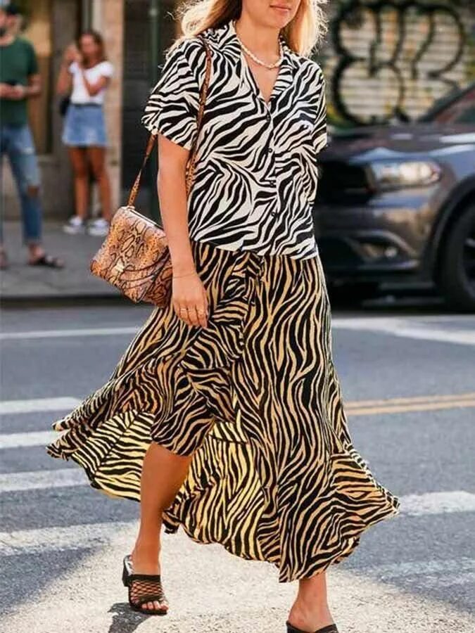 Принт зебра сочетание в одежде Casual Colorblock Short Sleeve Zebra Dresses - As Picture, S Zebra dress, Curren