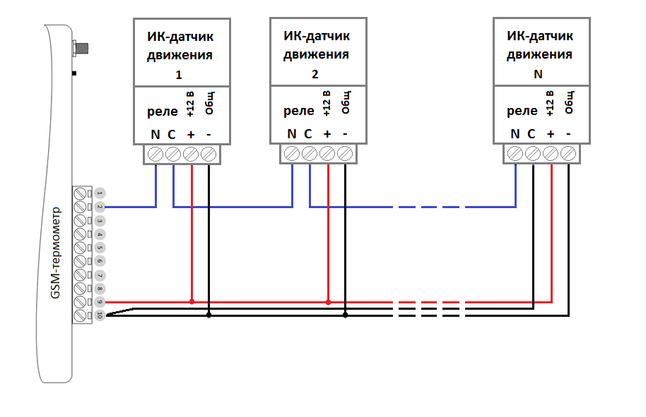 Принцип подключения датчиков Подключение 4-х проводных охранных датчиков движенияк к GSM - термометру- Телеме