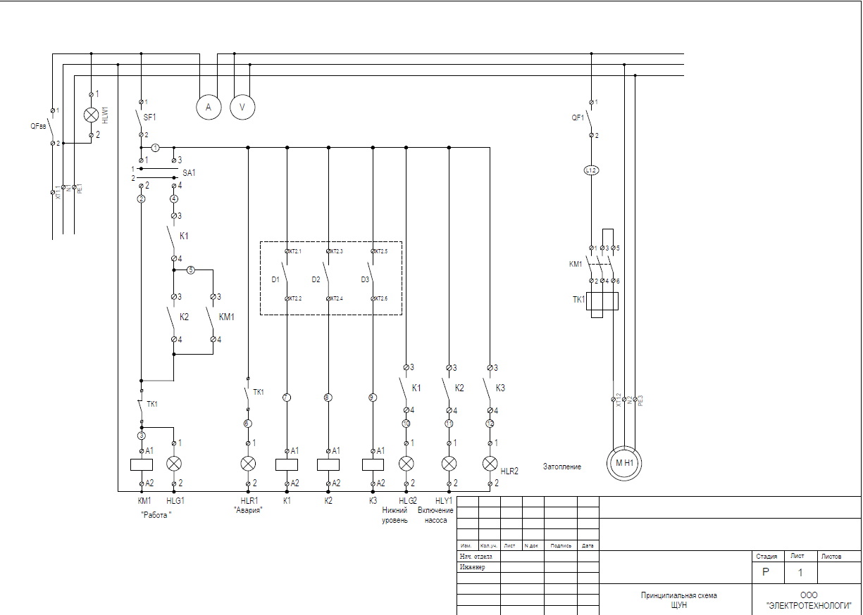 Принципиальная электрическая схема 380 Щит управления насосами - Электротехнологии