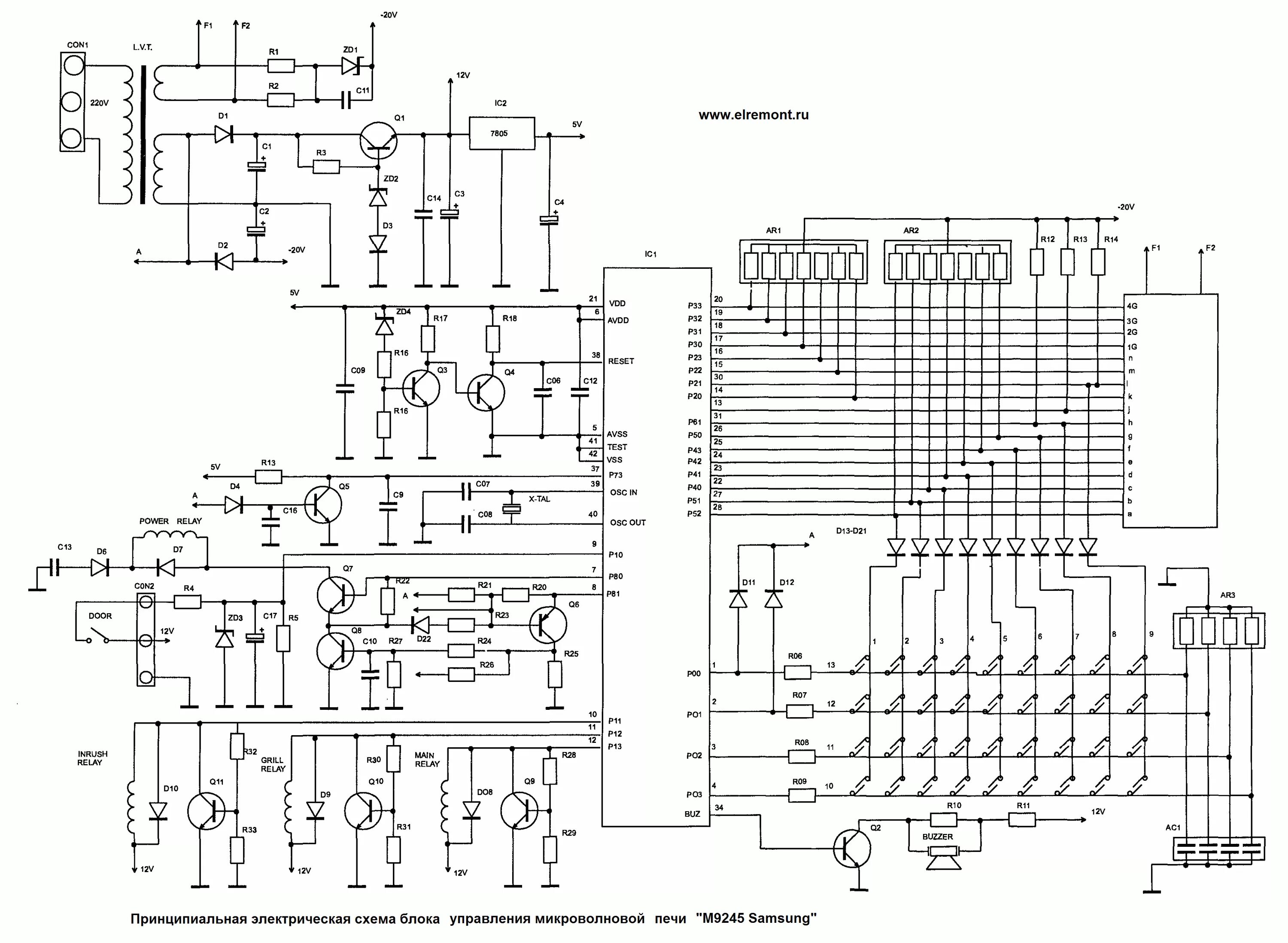 Принципиальная электрическая схема блока индикаторов фг8084 Микроволновая печь "Samsung М9245"