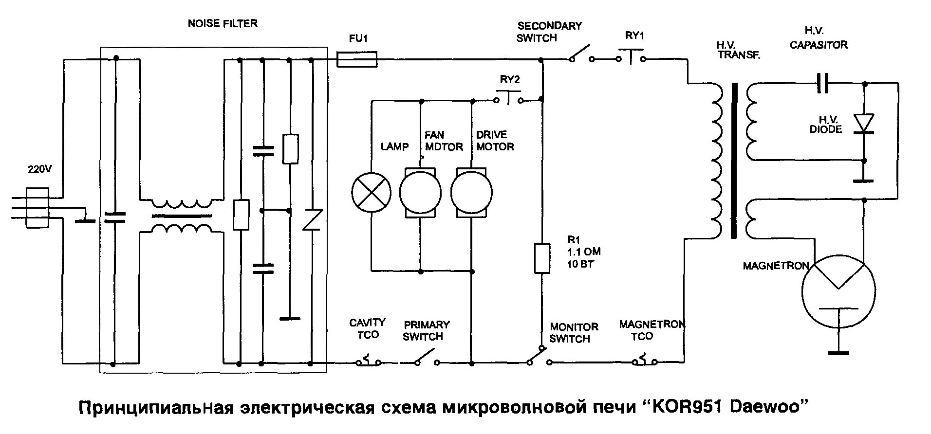 Принципиальная электрическая схема бп Микроволновая печь "KOR951 Daewoo"