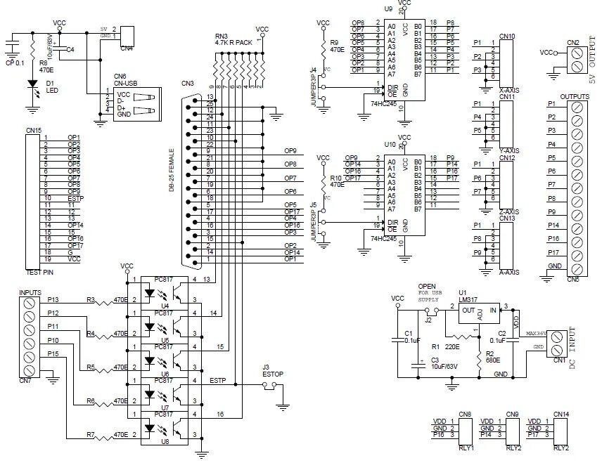 Схема ЧПУ станка - Применяется интерфейсная плата ЧПУ Shema, Diagram