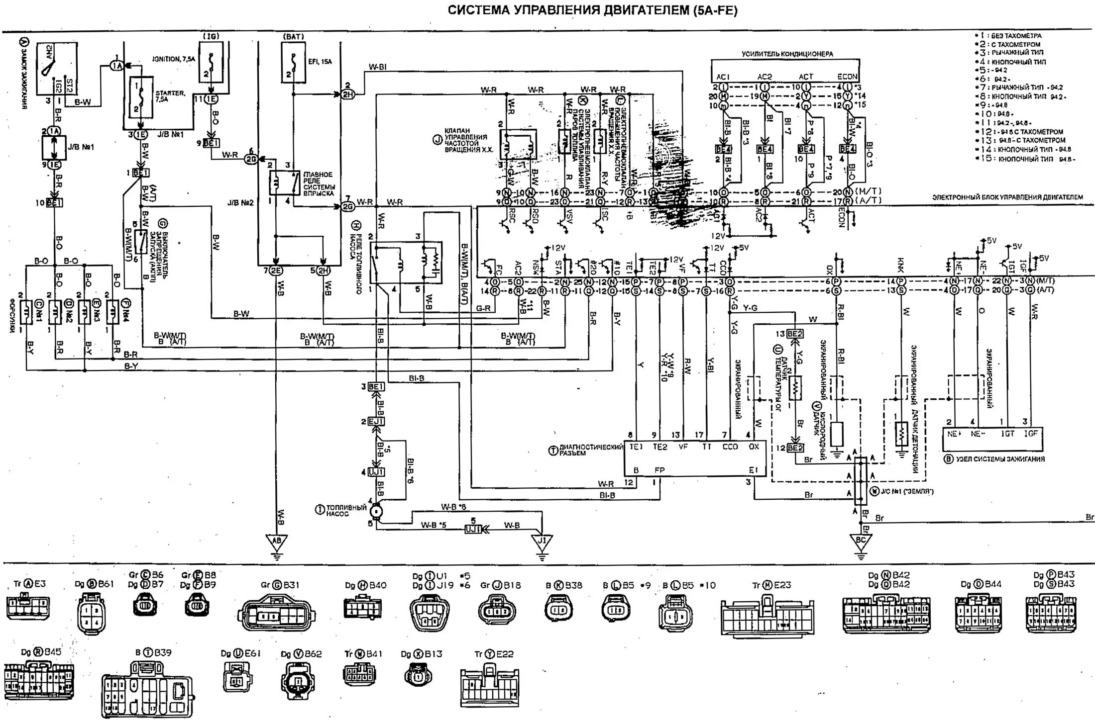 Принципиальная электрическая схема двигателя Электрасхема сістэмы кіравання рухавіком (5A-FE) (Таёта Карына Т190, 1992-1996) 