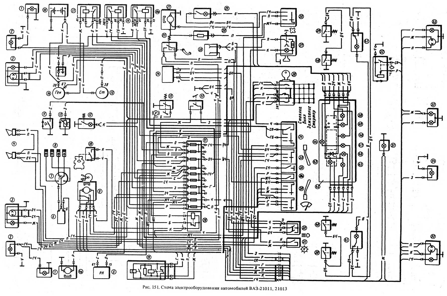 Принципиальная электрическая схема электрооборудования Правады, засцерагальнікі і схема электраабсталявання (ВАЗ-2101 "Жыгулі" 1970-198