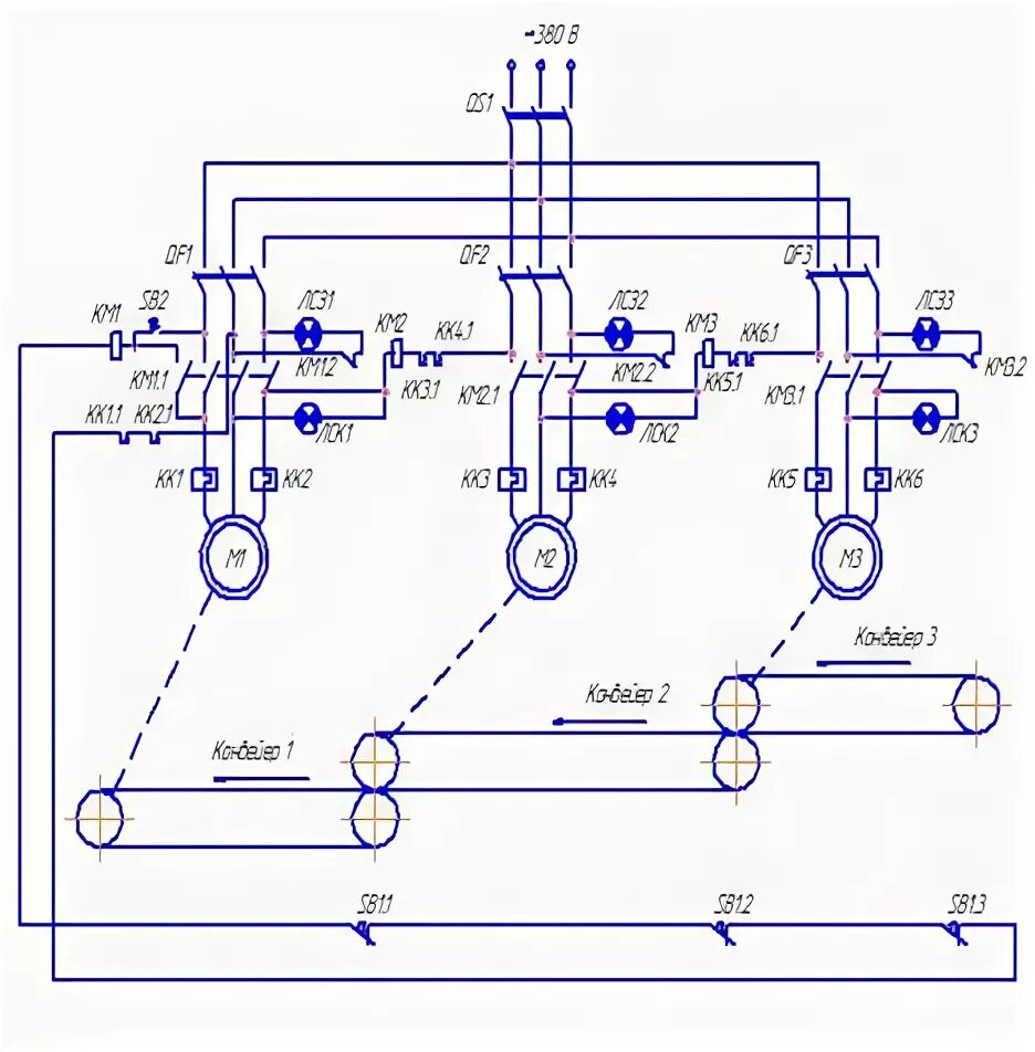 Принципиальная электрическая схема ленточного конвейера Электрическая схема ленточного конвейера