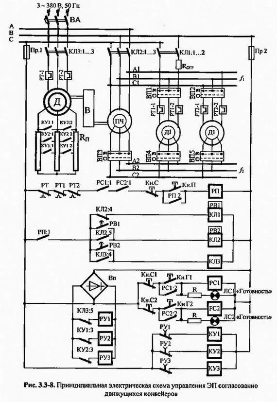 Принципиальная электрическая схема ленточного конвейера Схема управления приводом трехсекционного конвейера