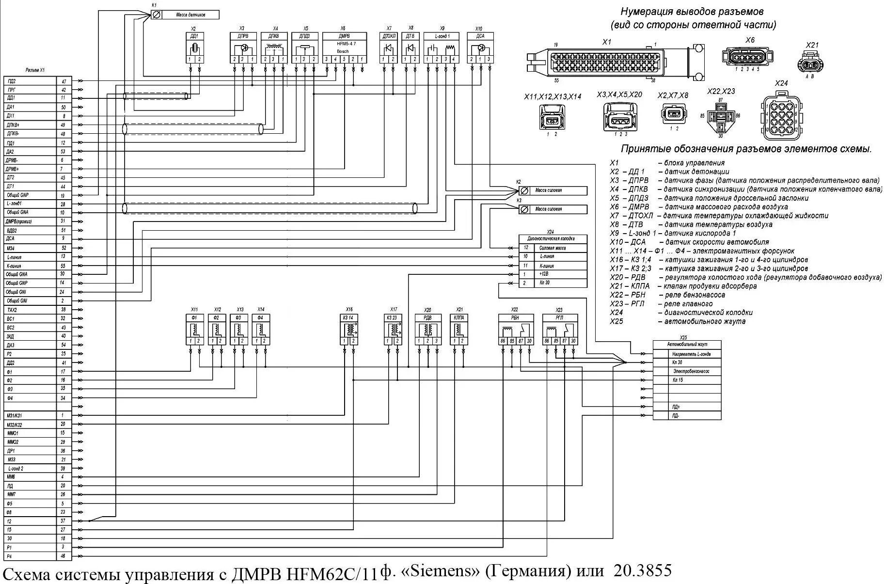 Принципиальная электрическая схема микас 7.1 инжектор газель Scheme of the SUD ZMZ-405 with DMRV HFM62C / 11 "Siemens" or 20.3855