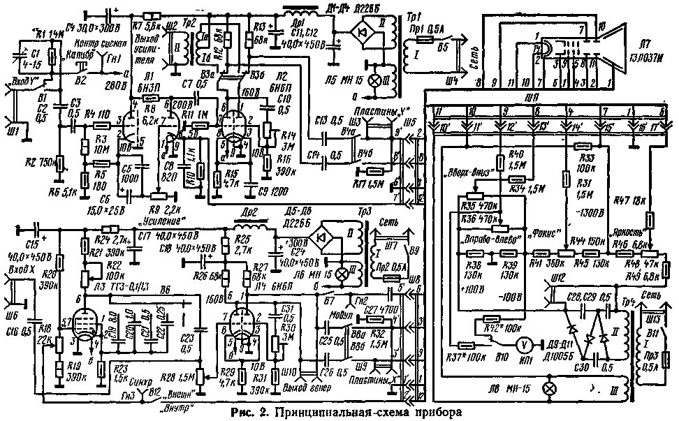 Принципиальная электрическая схема осциллографа Каталог радиолюбительских схем. ДЕМОНСТРАЦИОННЫЙ ОСЦИЛЛОГРАФ.