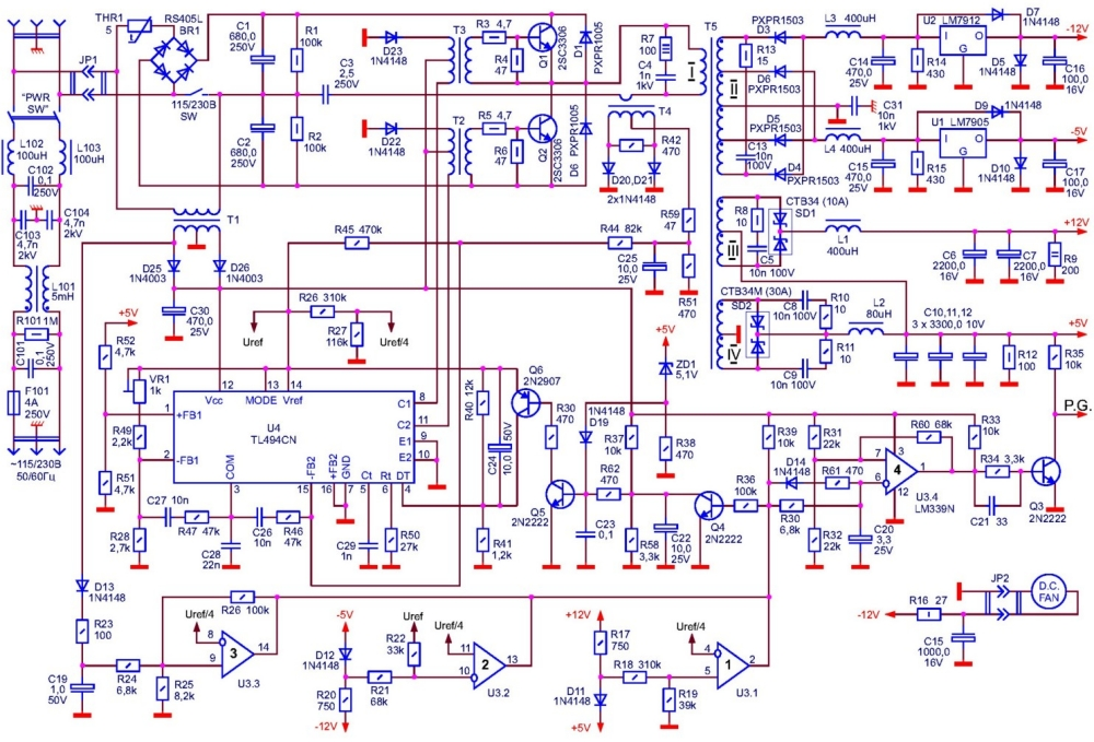 Принципиальная электрическая схема питания Принципиальная схема блока питания для компьютера