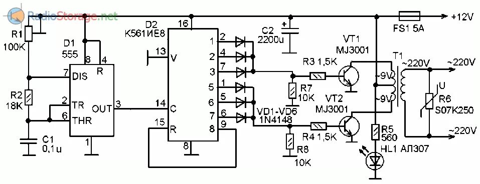 Принципиальная электрическая схема преобразователя кодов Инвертор напряжения 12В в 220В из доступных деталей (555, К561ИЕ8, MJ3001)
