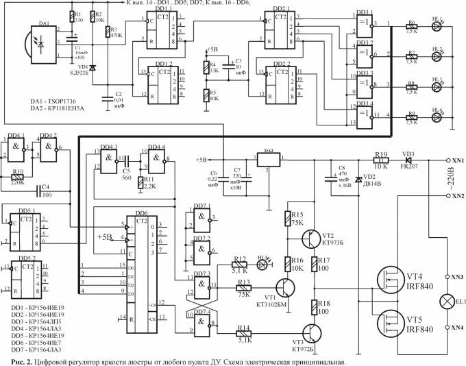 Принципиальная электрическая схема пульта дистанционного управления кодена Цифровой автомат управления яркостью люстры от любого пульта ДУ
