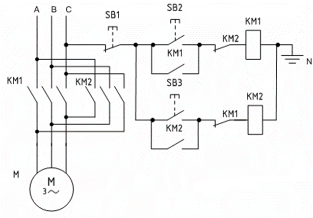 Принципиальная электрическая схема реверсивного двигателя Дистанционное управление асинхронными электродвигателями