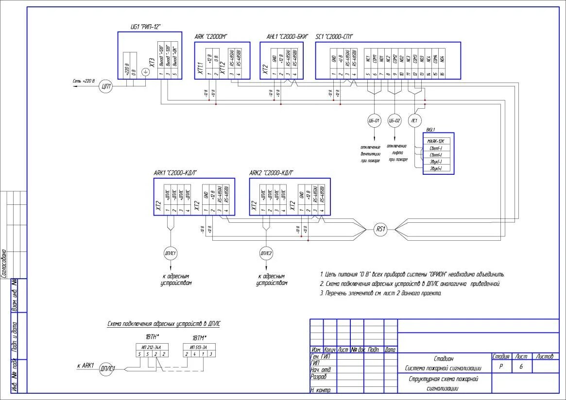 Принципиальная электрическая схема с 2000м Проект пожарной сигнализации помещений стадиона / Готовые проекты и чертежи / Po