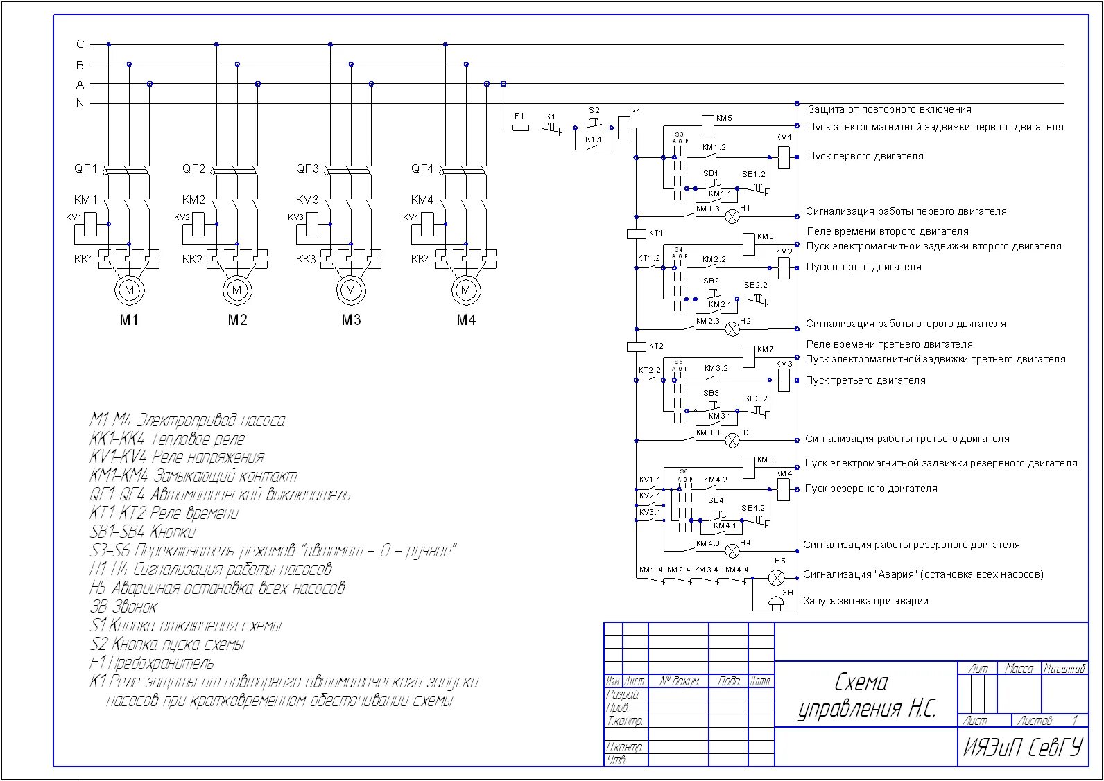 Принципиальная электрическая схема щита управления Схема управления насосной станцией