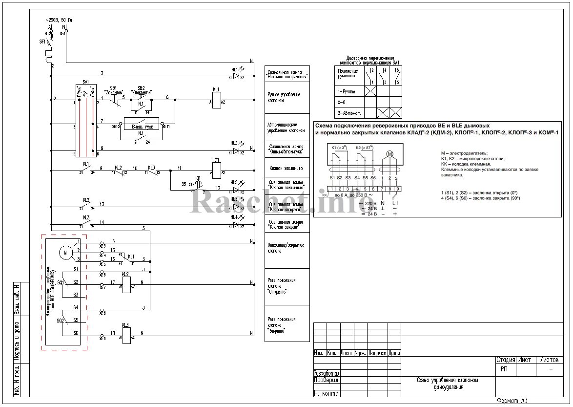 Принципиальная электрическая схема щита управления Подключение реверсивного привода типа BLE 230 клапана дымоудаления в формате dwg