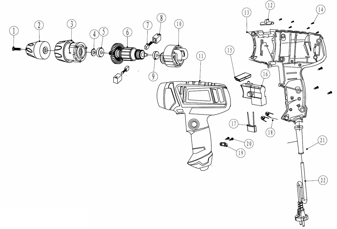 Принципиальная электрическая схема шуруповерта дш 600 эр Деталировка (схема разборки) шуруповерта сетевого WATT WSM-500 (артикул 2.500.01