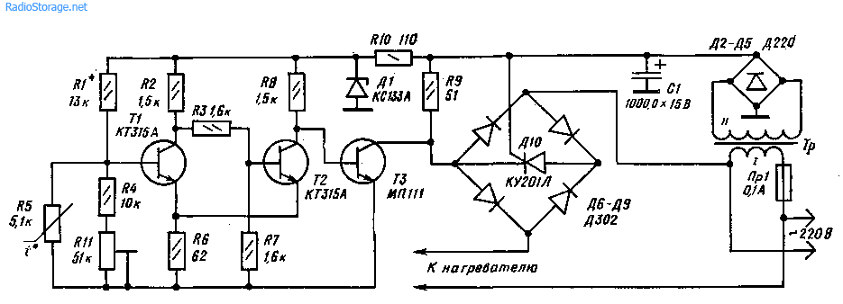 Принципиальная электрическая схема терморегулятора Схема терморегулятора для стабилизации температуры нагревателя (500 Вт)