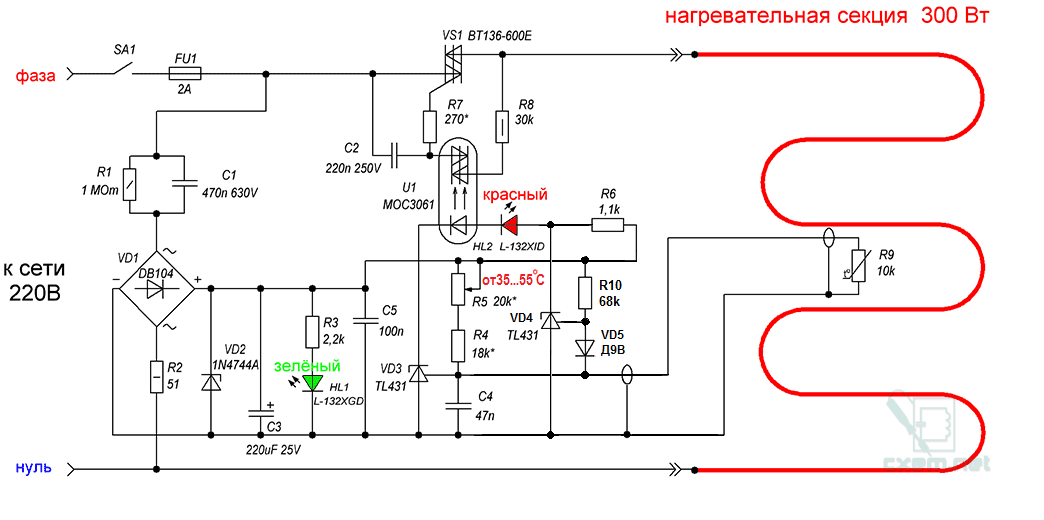 Принципиальная электрическая схема терморегулятора Простой терморегулятор для тёплого пола