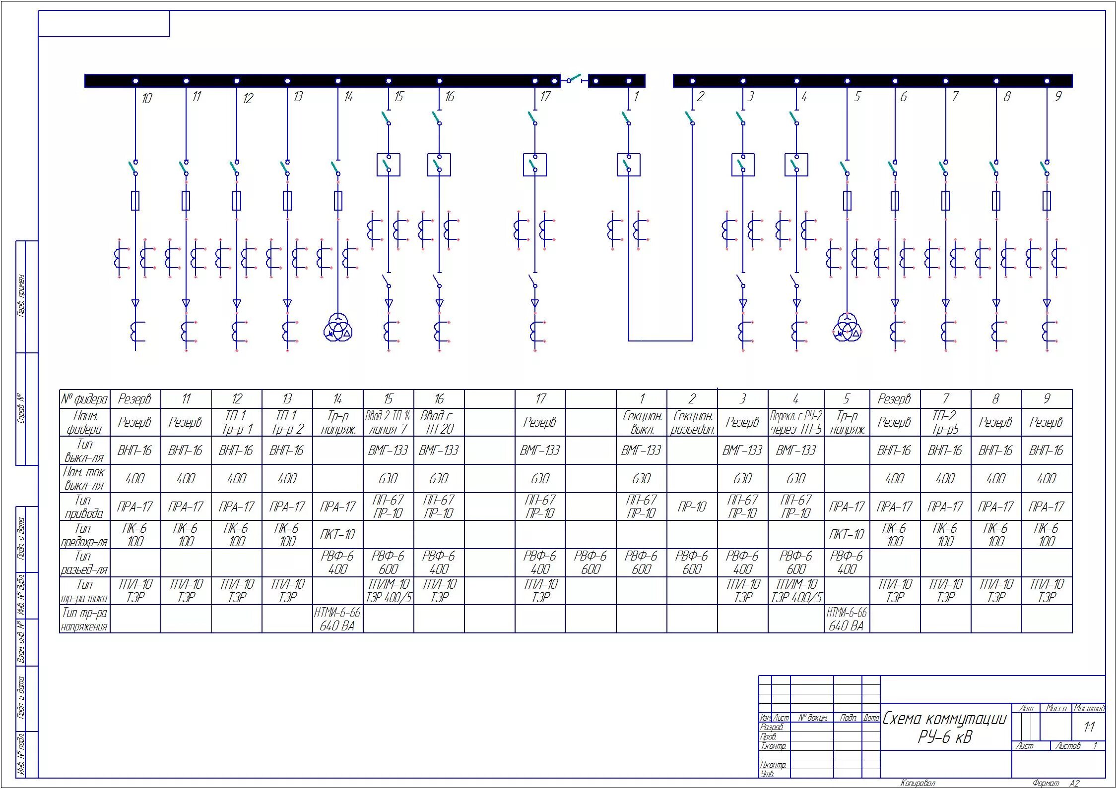 Принципиальная электрическая схема типовой распределительной подстанций Схема коммутации РУ-6кВ - Чертежи, 3D Модели, Проекты