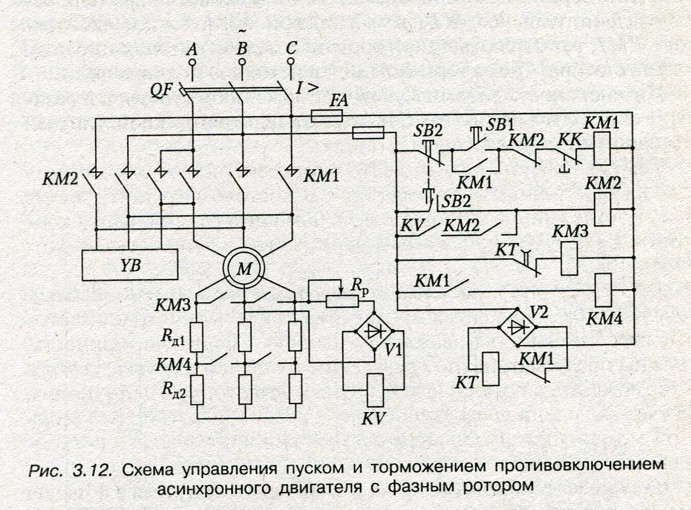 Принципиальная электрическая схема управления асинхронным электродвигателем Схема управления пуском и динамическим торможением асинхронных двигателей