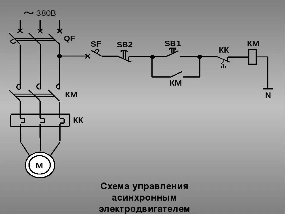 Принципиальная электрическая схема управления асинхронным электродвигателем Принципиальную электрическую схему управления электродвигателем