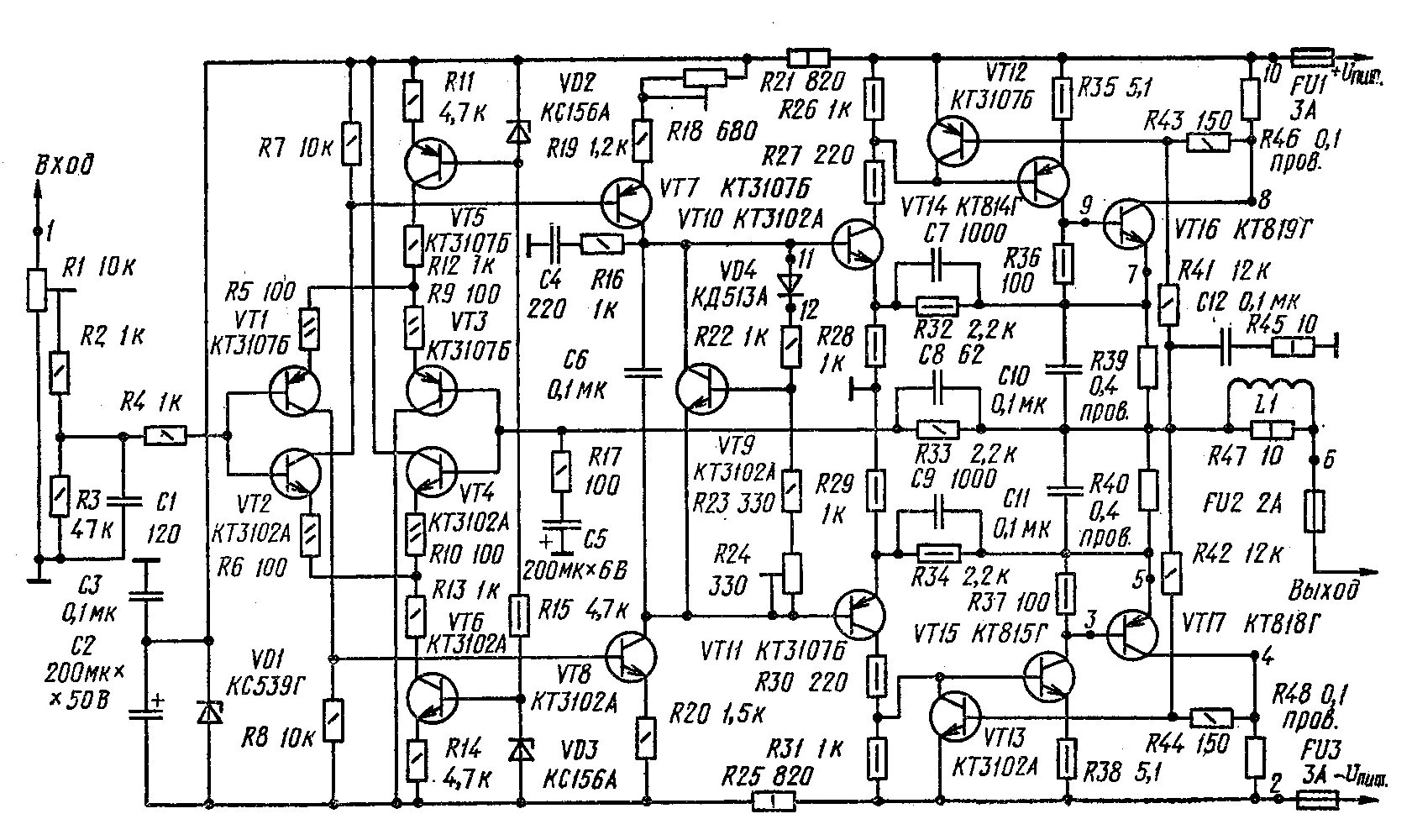 Принципиальная электрическая схема усилителя Схема высококачественного УНЧ на транзисторах (60Вт)
