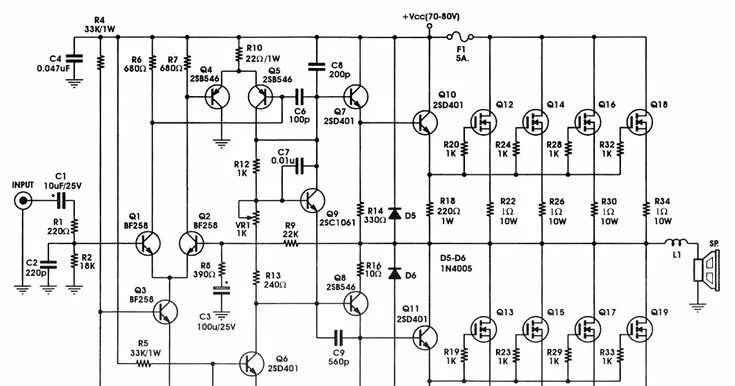 Принципиальная электрическая схема усилителя Circuito amplificador de 400W MOSFET com IRFP448 Circuito amplificador de hoje ,