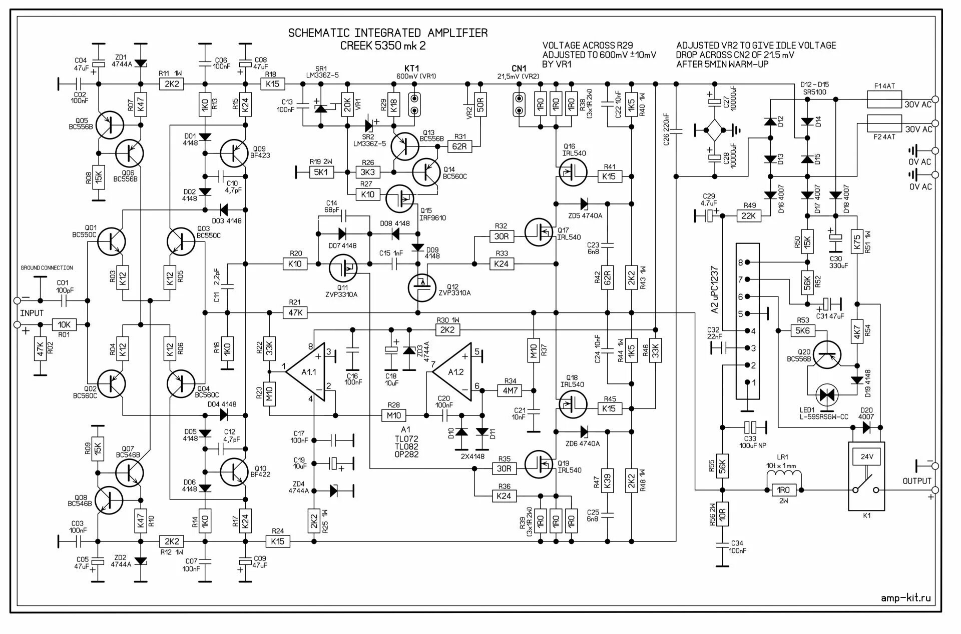Принципиальная электрическая схема усилителя Собранный уcилитель на схеме Creek 5350 горизонтальный, 120 Watt RMS