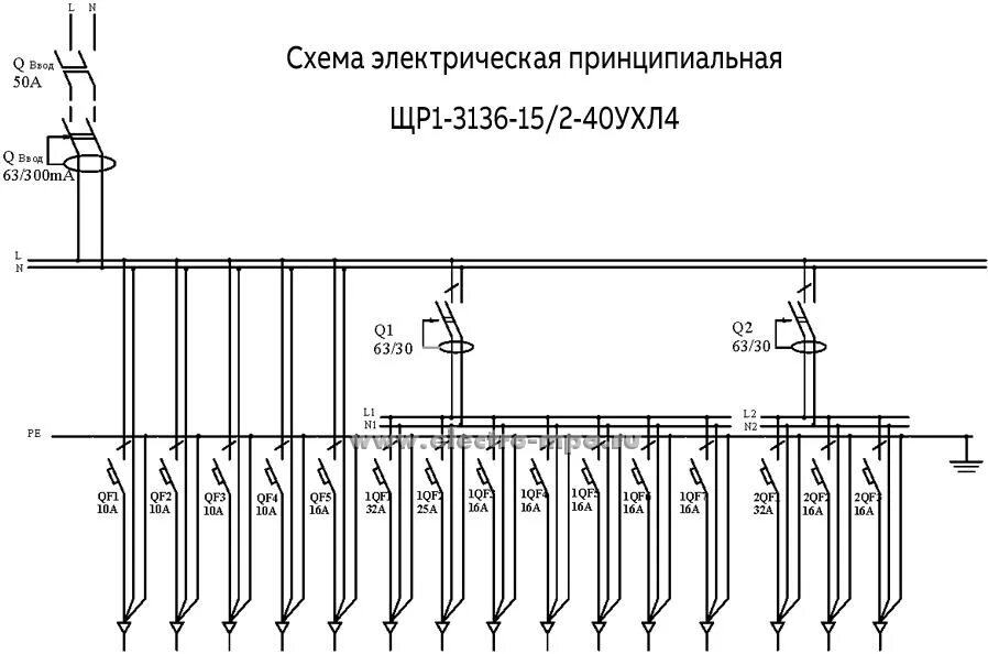 Принципиальная однолинейная схема щита Щит ЩР1-3136-15/2-40УХЛ4 для 3-комн. квартиры, навесной, комплектация SE (МПО Эл