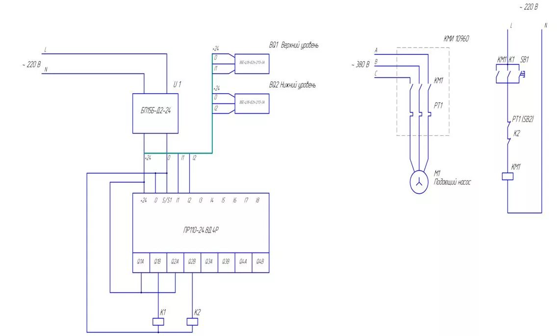 Принципиальная схема подключения Создание системы управления подающим насосом с помощью ОВЕН ПР110